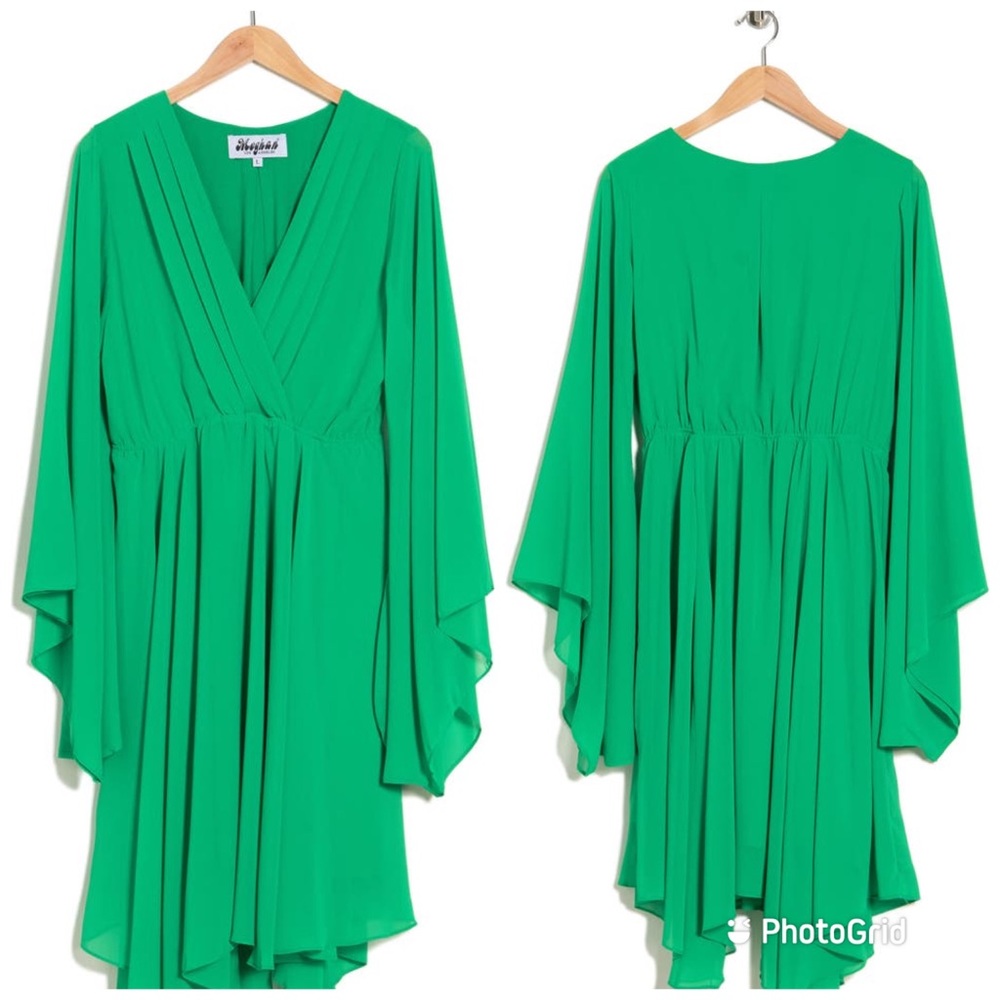 NWT Meghan LA Sunset Dress L green bell sleeve draped dress